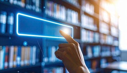 Hand pointing at a digital screen in a modern library with bookshelves in the background, symbolizing technology in education