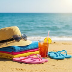 Beach Vacation Still Life with Hat, Towels, Drink and Flip Flops on Sandy Shore | Summer Holiday Relaxation and Travel Advertising