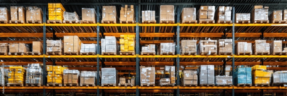 Aufkleber packed construction goods stored on warehouse shelves in organized rows with open top margin clearly