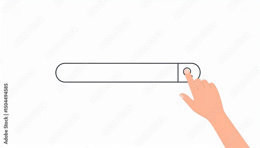Poster hand pressing a circular button on a minimalistic search bar, representing digital interaction and t