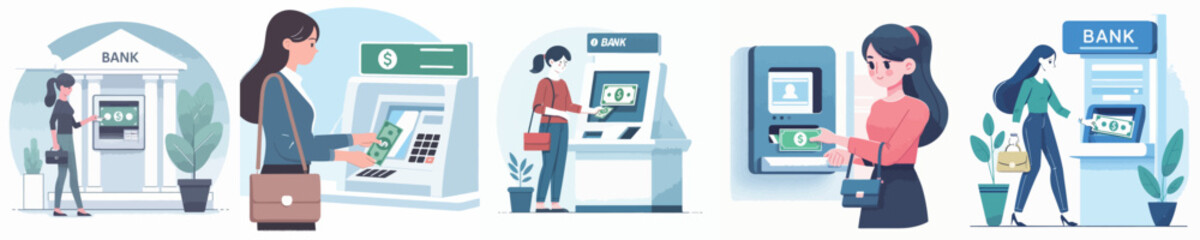 vector of a woman withdrawing money from a bank
