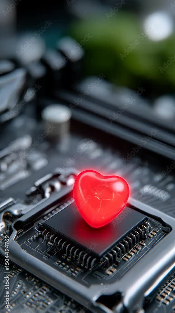 Poster a shiny red heart rests on a central processing unit inside a desktop computer with green and blue b