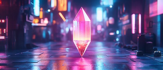 Glowing crystal in a futuristic cityscape. Neon lights reflect on wet pavement, creating vibrant colors