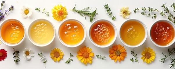 Assortment of different types of honey, displayed in white bowls, surrounded by flowers and herbs. A top down view highlighting the various shades of honey.