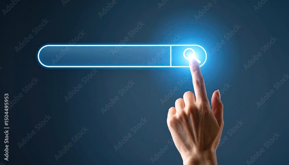 Fototapete Hand touching a glowing search bar icon on a dark background representing digital technology and online search functionality
