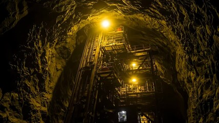 Looking Up at Support Structures and Lighting Inside a Large Cave