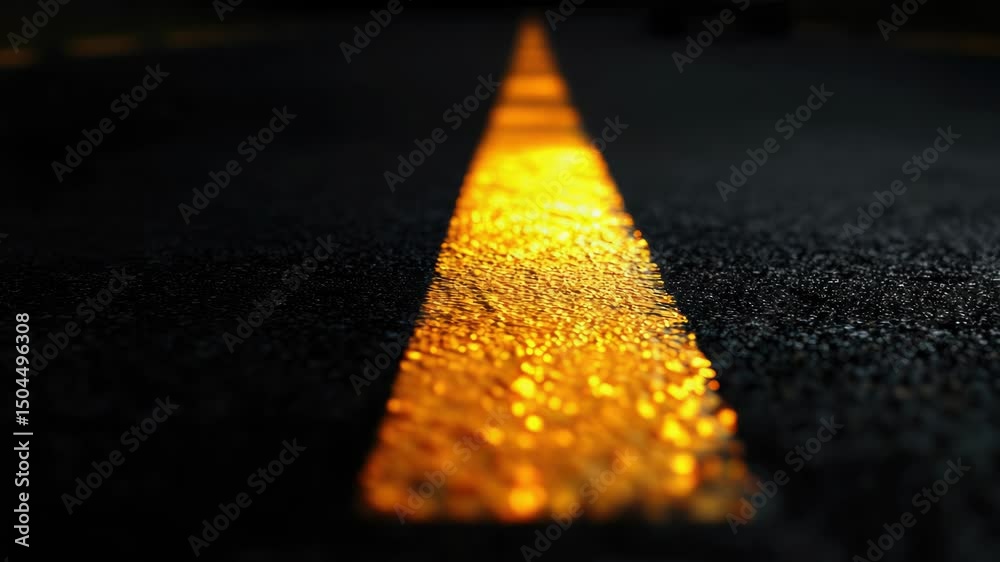 Poster close-up shot of a yellow line on a road surface, suitable for use in illustrations or designs relat