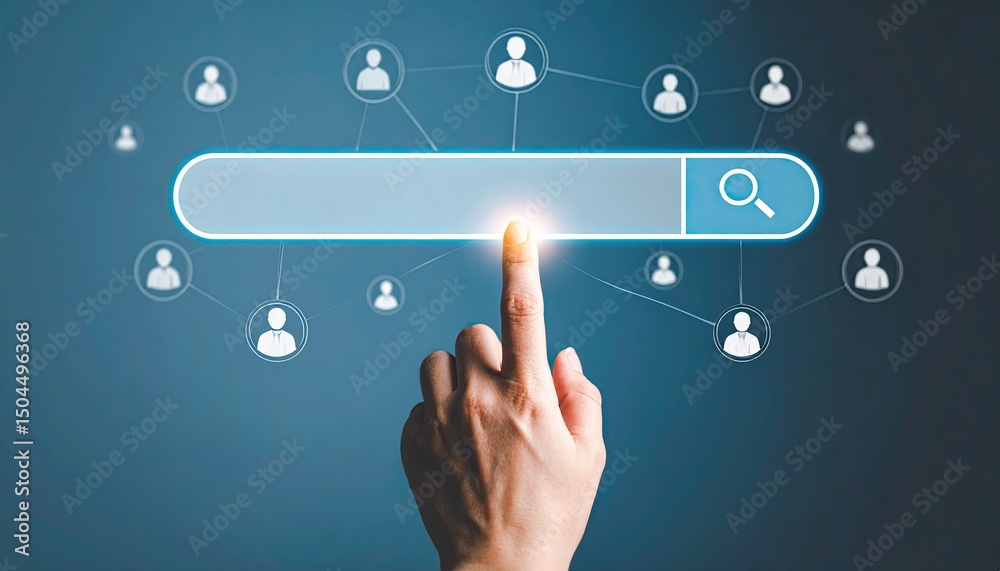 Poster Hand pressing a digital search bar with connected user icons symbolizing online networking and data searching