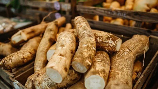 Fresh Raw Yuca Roots Displayed in Wooden Crates at Local Market for Healthy Culinary Uses and Nutrition Benefits  4k video footage