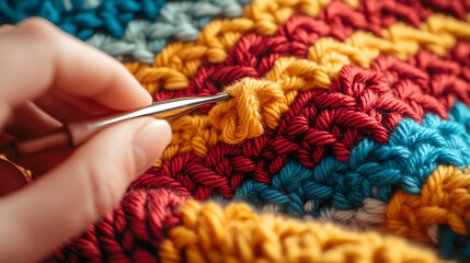 Crocheting colorful yarn with a hook, creating a textured fabric. Crafting a unique design, showcasing vibrant hues and the artistry of handmade textiles.