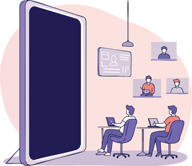 Remote work collaboration with large digital device and video conference call vector illustration 