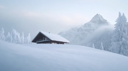 Winter mountain cabin amid snow-covered landscape scenery