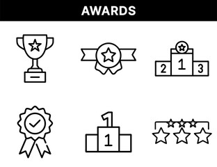 Awards and Ranking Icons – Star Trophy, Ribbon Badge, Podium Winners, Verified Award, First Place Stand, Five-Star Rating for Achievement and Recognition