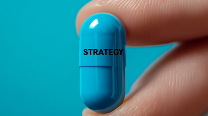 Strategy pill held between fingers against a blue background, conveys planning, focus, and decision-making for achieving goals. Simplifies solutions.