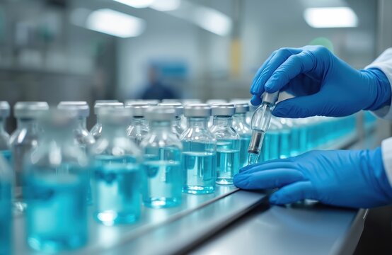 Doctor blue gloves inspecting vaccine vials on pharma assembly line. Glass bottles with liquid medicine, lab research, vaccine production, medication development, healthcare tech.