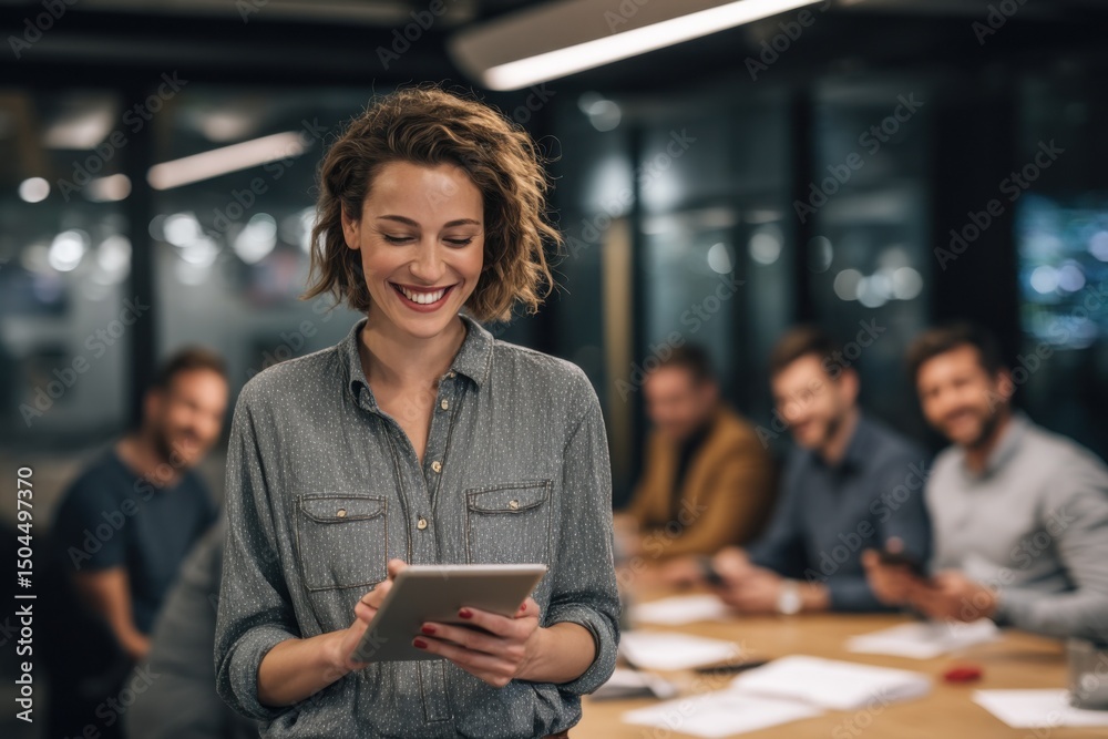 Poster smiling woman using tablet in office meeting, demonstrating teamwork and digital transformation for 