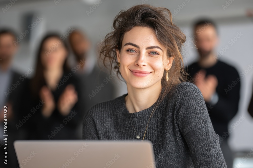 Poster smiling woman at laptop receiving applause from colleagues, illustrating recognition and teamwork in
