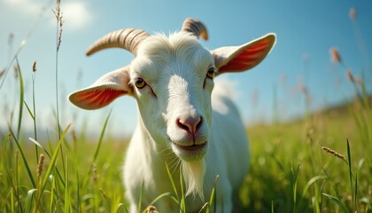Obraz premium White goat eating grass in sunny summer day. Farm animal in green field under blue sky. Happy goat grazing, enjoying nature. Domestic animal at pasture, rural area.