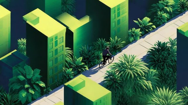 Urban landscape with cyclist and lush greenery