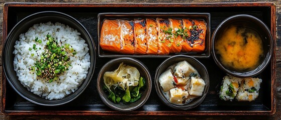 Grilled salmon, rice, miso soup, and assorted side dishes in a wooden box
