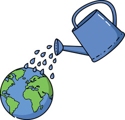 Obraz premium Earth globe receiving water drops from blue watering can environment care concept vector illustration 