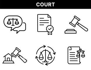 Court and Legal Process Icons – Gavel, Courthouse, Law Document, Legal Certification, Justice Scale, Legal Speech, Judicial Cycle, Legal Decision Symbols