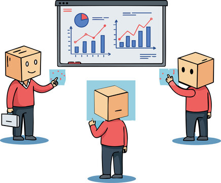 Business presentation with three box head characters analyzing charts and graphs vector illustration 