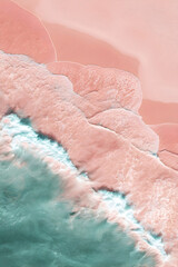 Obraz premium Aerial vista of coastline adorned with pastel hues, waves gently caressing the shore offering tranquility