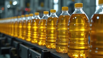 Automated vegetable oil bottling process in factory. Transparent plastic bottles filled with golden cooking oil move on conveyor belt. Mass production, commercial scale. Food processing industry,