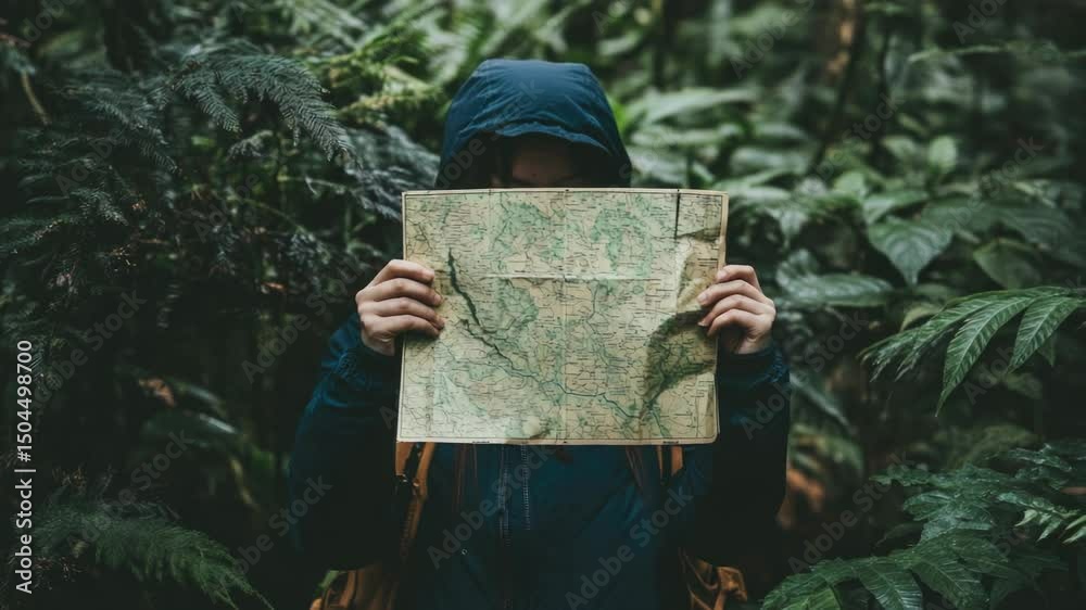 Poster a person holds a map in front of their face, likely trying to get bearings or finding something