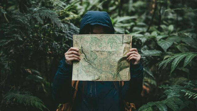 A person holds a map in front of their face, likely trying to get bearings or finding something