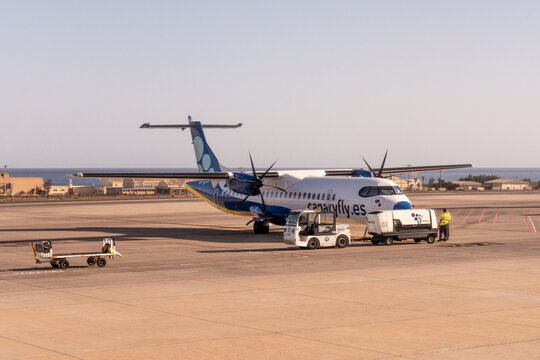 Las Palmas, Spain - December 2, 2024: Canaryfly atr 72-500 airplane preparing for takeoff at runway