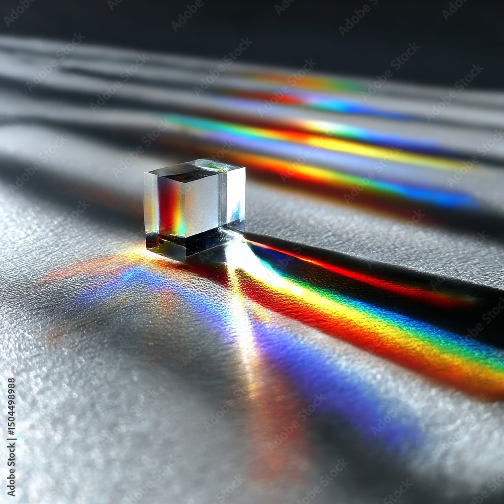 Aufkleber dispersion of light: a crystal cube decomposing white light into a vivid spectrum on a textured silv