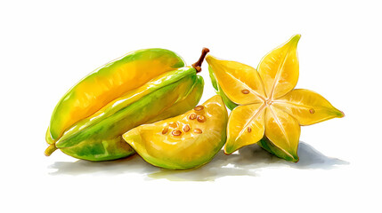 Watercolor Illustration of Starfruit (Carambola) &ndash; Fresh Yellow Star-Shaped Fruit on White Background

