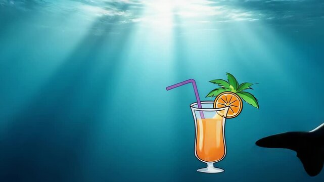 Tropical cocktail with straw and orange slice in underwater scene with orca whale