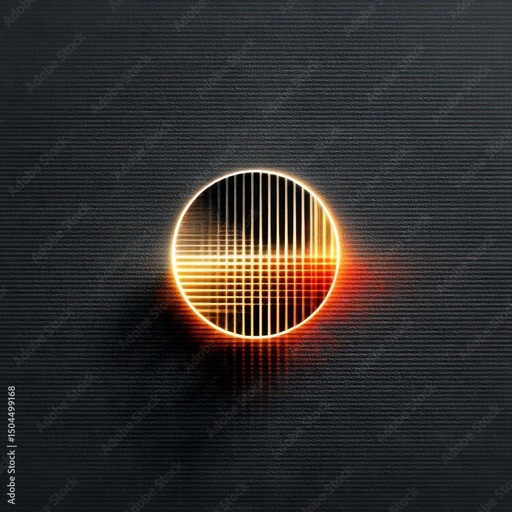 Poster glowing circular grille: abstract light design on textured black surface for modern wall art or tech