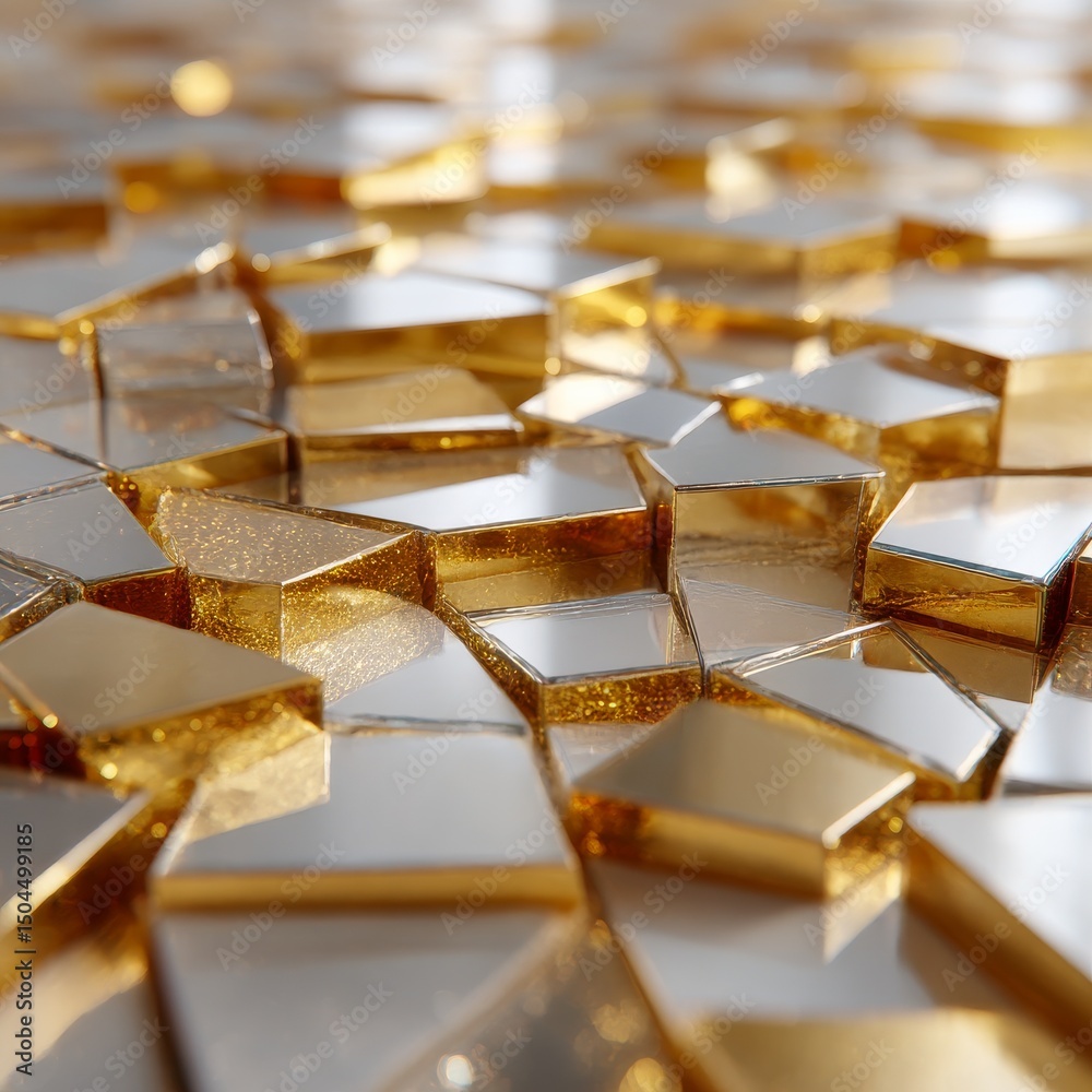 Leinwandbilder golden abstract: geometric tiles with shimmering edges in reflective surfaces and shallow depth of f