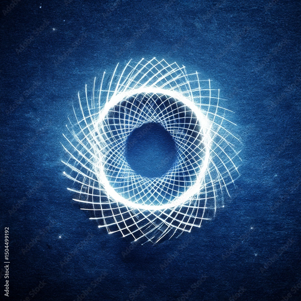 Poster glowing geometric portal: an abstract circle of light on a textured blue background
