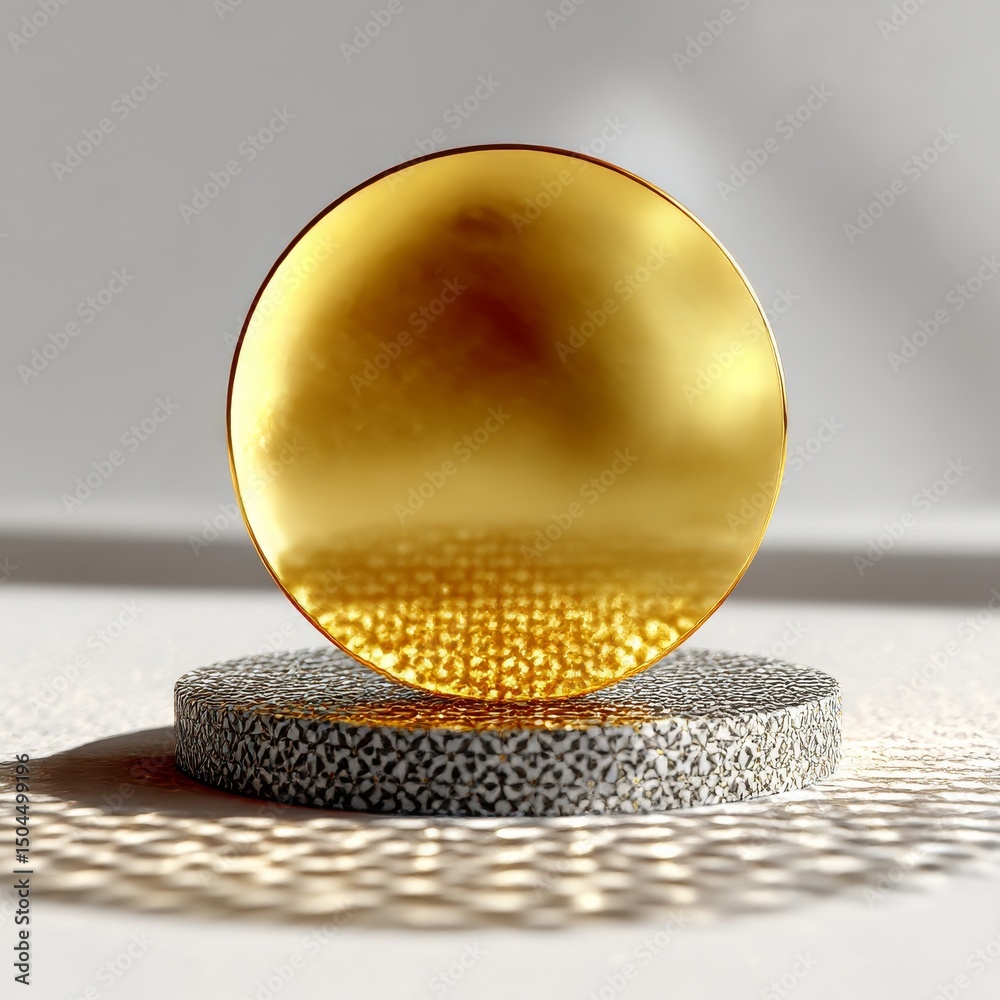 Fototapete Golden Circle on Textured Pedestal: Minimalist Abstract with Light and Shadow Play for Product Display or Conceptual Design