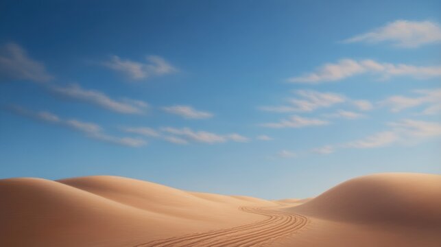 Serene desert dunes with tire tracks under blue sky