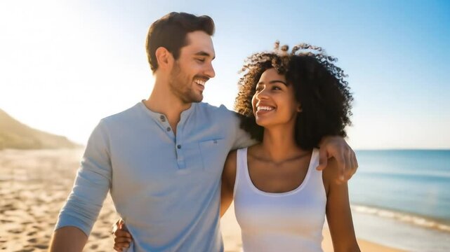 Couple walking on beach at sunrise