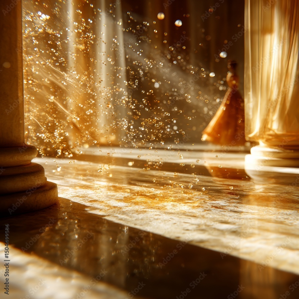 Poster golden splendor: light and water dancing in a grand hall, with architectural elements and a glimpse 