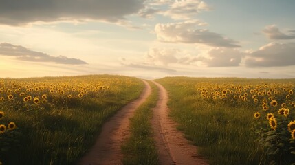 Serene rural pathway through sunflower fields at sunset
