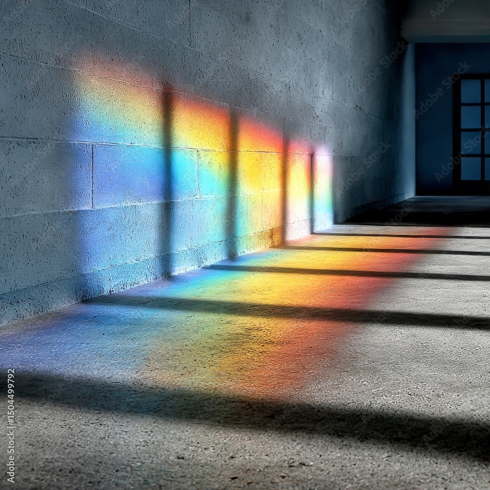 Poster rainbow light spectrum: a prism of colors on concrete wall with shadows in architectural space