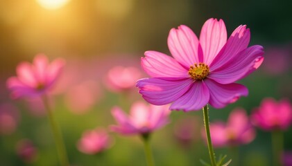 Fototapeta premium Cosmos flowers open wide, revealing vibrant colors in morning light , beauty, sunrise