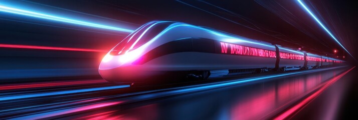 Futuristic high-speed train on neon-lit tracks at night