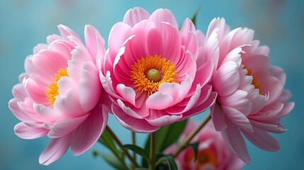 Fototapeta premium Bouquet of vibrant pink peonies displayed against a soft blue backdrop.