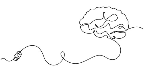 Continuous one line drawing of Human brain and plug. Genius idea and psychology concept in simple linear style. Editable stroke, Continuous one line drawing of Human brain and plug. Creative idea ins