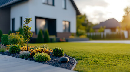Obraz premium Landscaped Yard: A serene view of a modern house with lush green lawn, garden beds, and a variety of plants under the golden light of the setting sun.