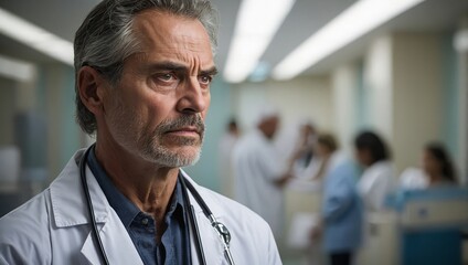In a hospital, a wise, compassionate doctor with a furrowed brow and distant eyes, appears world-weary.
